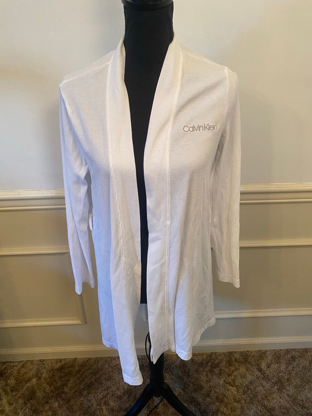 Calvin Klein Sleepwear White Waffle Knit Open Front House Coat Robe Cover Up
